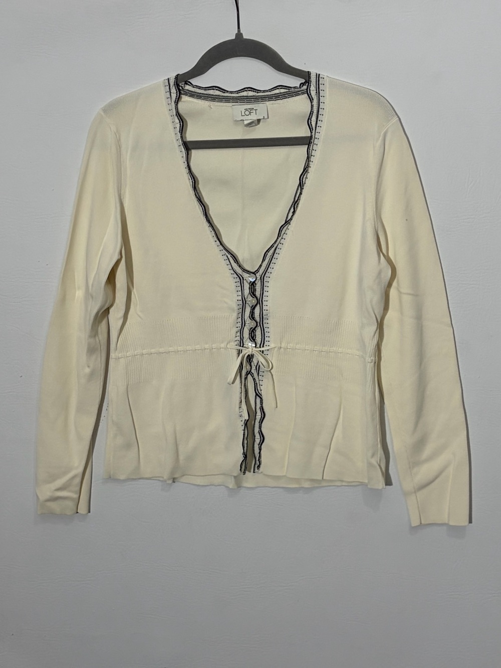 Vintage LOFT Cream Tie-Front Long Sleeve Cardigan with Contrast Trim Large